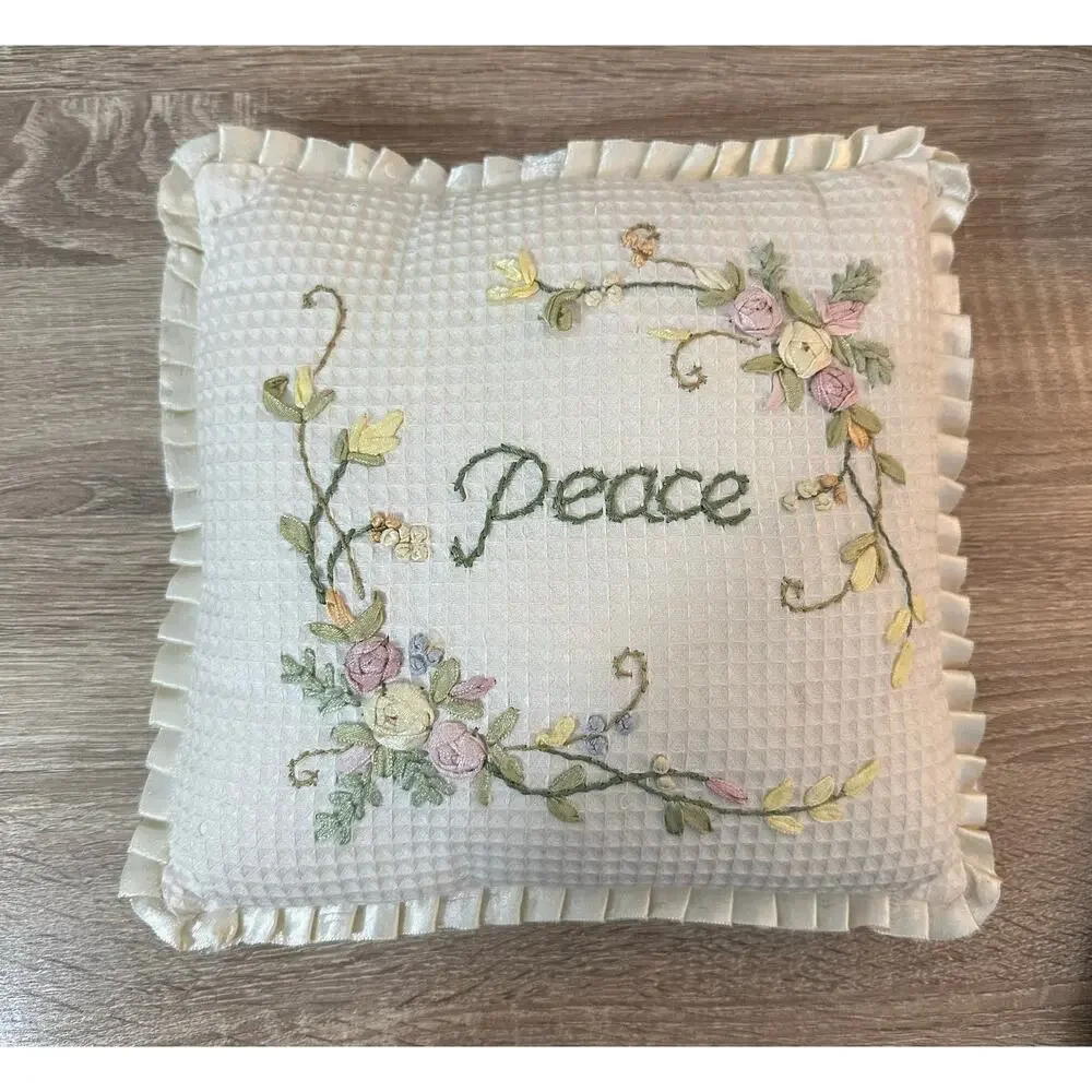 Peace Accent Embroidered Pillow Floral Inspirational Cottage Grannycore Ruffles‎